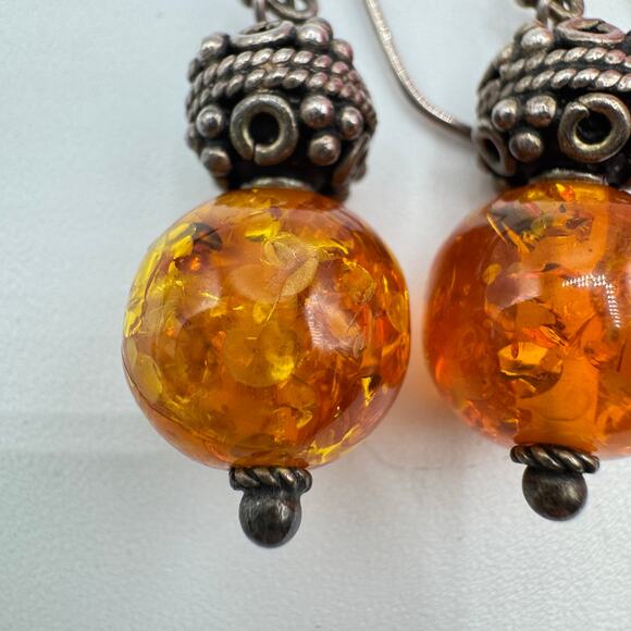 Bali Style Amber Chunk & Silver Bali Style Bead Dangle Earrings Acid UV Tested - Picture 4 of 12